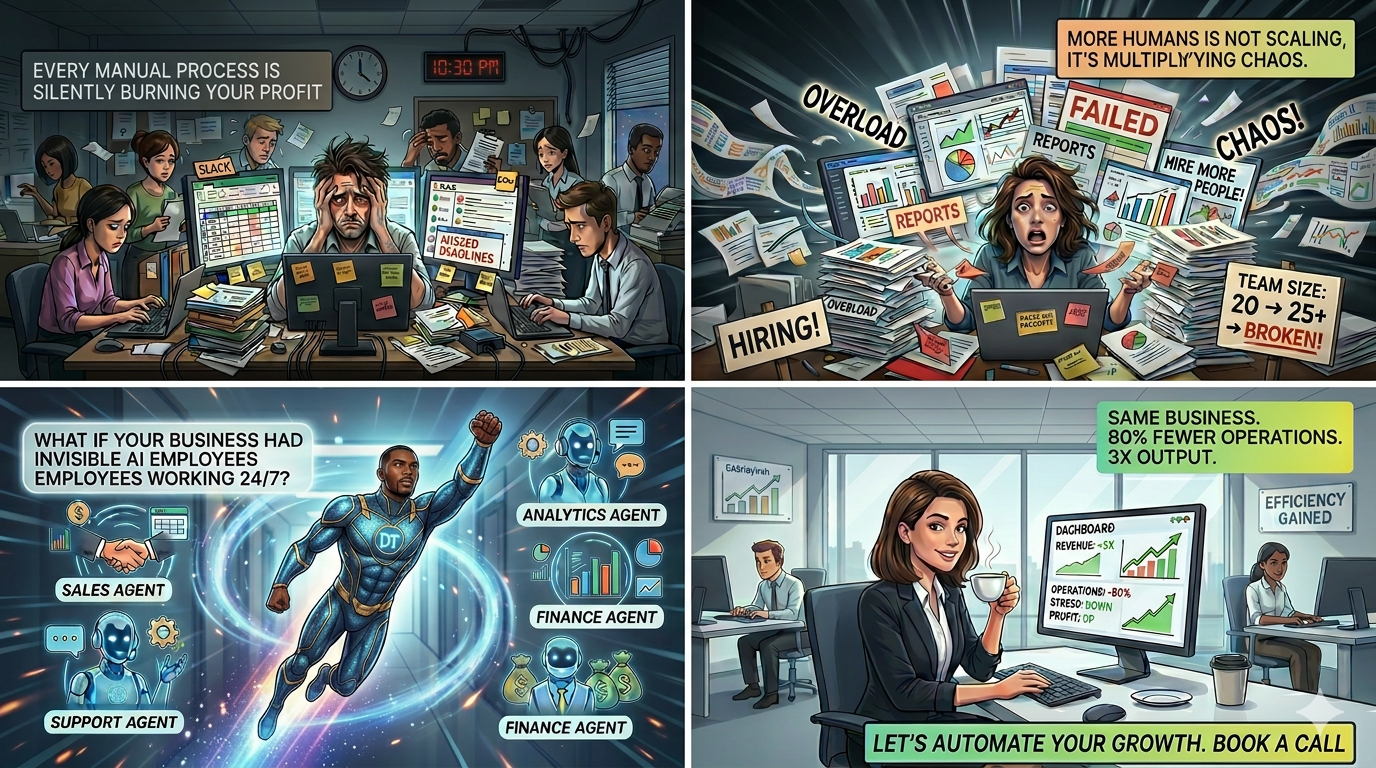 Four-panel comic strip: stressed founder drowning in spreadsheets, then overwhelmed with reports and hiring, Deepthinker AI superhero arriving with sales/support/finance/analytics agents, and finally a calm executive watching revenue rise on a clean dashboard